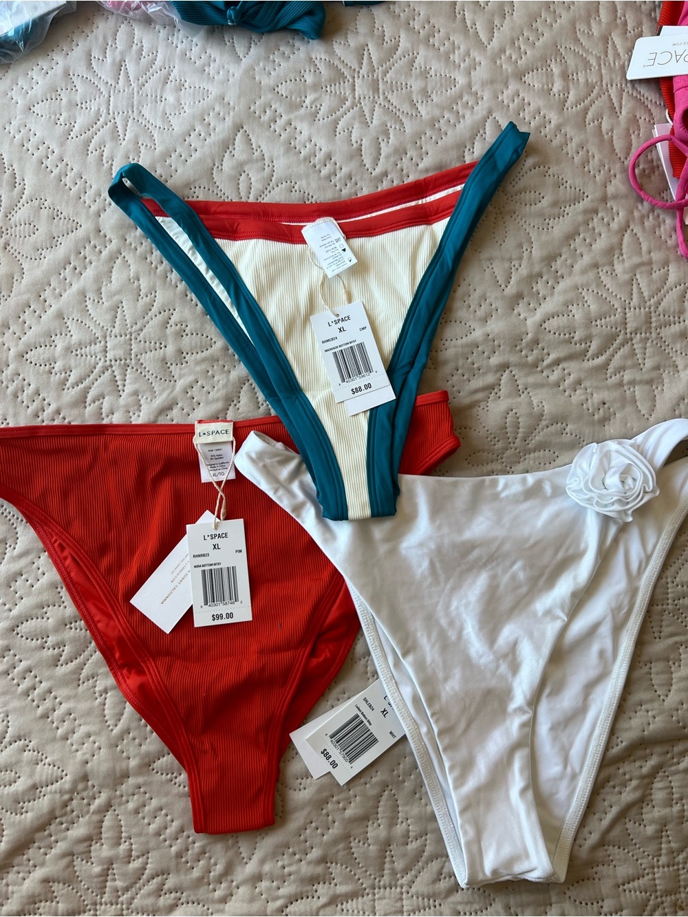 l*space Ribbed Cream Bikini Bottom with Teal Trim and Red Waistband